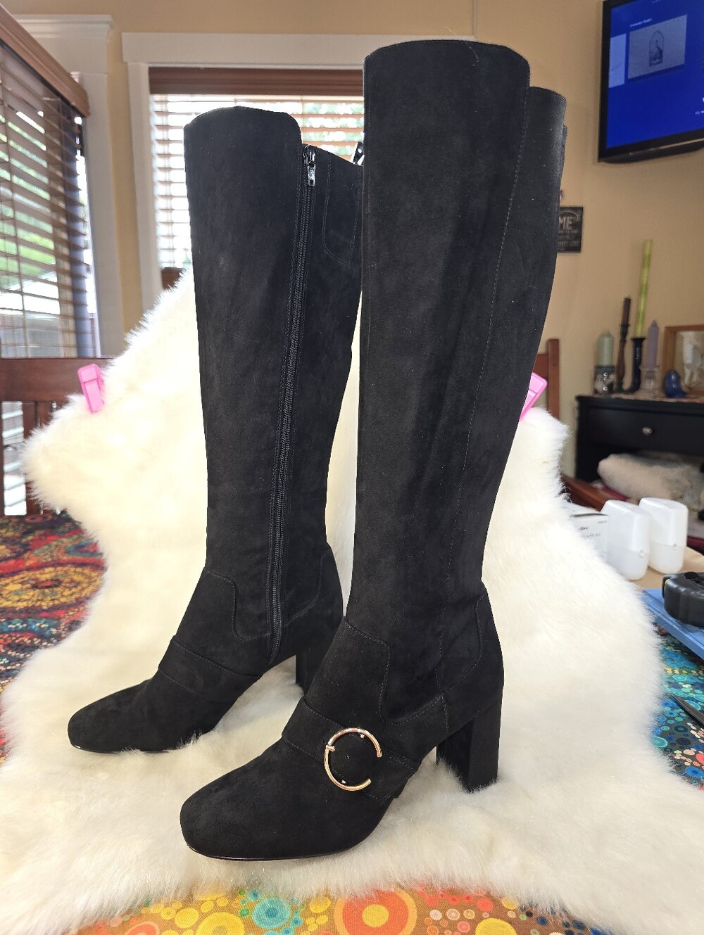 Nine West "Xamdio" Black Faux Suede Knee-High Zip Boots w/Shiny Golden Buckle